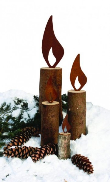 Edelrost Kerze auf Baum 70cm mit Edelrost Flamme